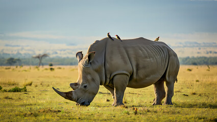 Fototapeta premium Majestic white rhinoceros grazing in african savannah under a cloudy sky