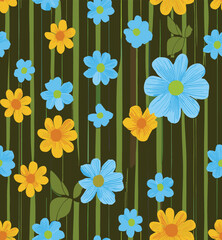 Floral Pattern Yellow And Blue Flowers With Green Leaves On A Striped Green Background.