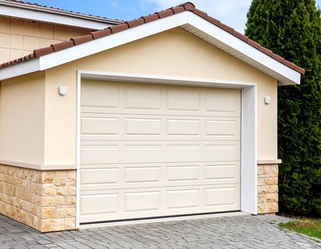 Beige garage exterior with stonework
