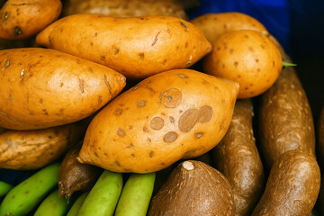 Beautiful closeup of yams, yucca and green platains also called banana macho.