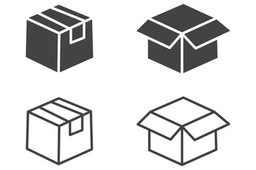 Package box line icon vector set. Containing open cardboard, fast delivery box, container, parcel protection, storage, good packing, Box stack icon. Cargo delivery symbol. Cardboard box parcel storage