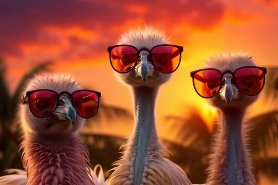 Playful animated flamingos dancing in sync with humorous expressions on a sunset background. Ideal for children’s content, fun branding, or lighthearted tropical-themed visuals