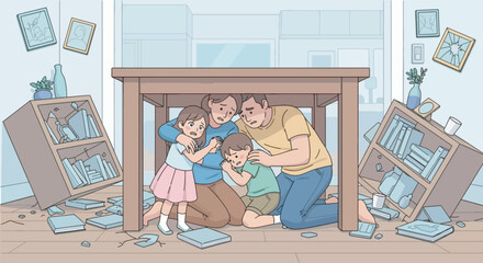 Family huddled together under a table as an earthquake hits their home, shelves falling, framed photos breaking