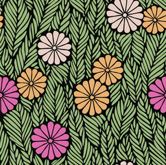 Pattern With Pink, Orange, And White Flowers On A Backdrop Of Green Leaves, Creating A Lively And Decorative Design.