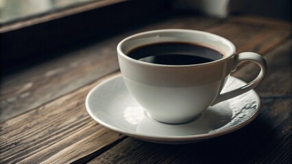 Obraz premium Classic Black Coffee in a White Porcelain Cup Moody Morning Coffee on a Wooden Table Simple and Elegant Cup of Coffee Aromatic Black Coffee by the Window