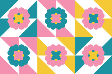 Beautiful geometric background. Figures of different shapes. Tribal form. Flowers. Geometric design. Creative textures. Colorful art. Modern graphic poster. Retro color. Vector illustration