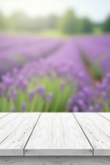 Lavender rows in bloom with wooden surface in front