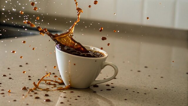 A Dramatic Moment of a Coffee Cup Tipping Over and Spilling
Dynamic Splash: Espresso Coffee Bursting from a White Mug
Moment of Impact: A Coffee Cup Falling and Spilling on a Counter
