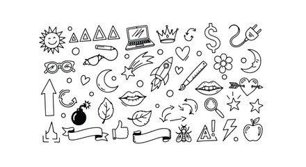 Obraz premium Collection of doodles including a rocket, shooting star, lips, heart, laptop, and leaf, isolated on white background doodle style icon set