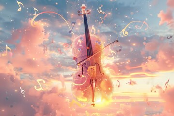 Fototapeta premium A magical violin glowing with light and surrounded by musical notes and clouds at sunset, evoking a sense of wonder and enchantment