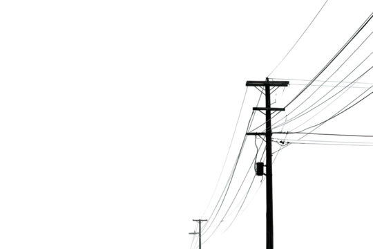 Close-up of utility poles and power lines at night.  Dark background.  Complex,  tangled wires.  Gray/white tones