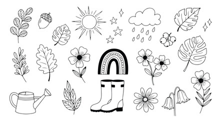 Cute handdrawn elements including stars, rainbow, cloud, heart, and sun isolated on white background doodle style icon set