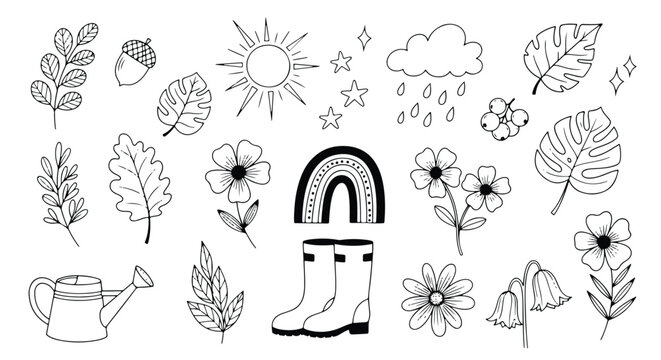 Cute handdrawn elements including stars, rainbow, cloud, heart, and sun isolated on white background doodle style icon set