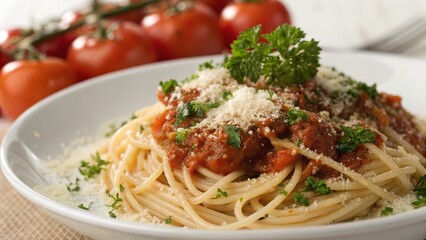 Spaghetti with Rich Marinara Sauce, Grated Parmesan Cheese, and Fresh Herbs
Delicious Italian Pasta Dish with a Classic Tomato Sauce and Garnish