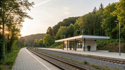 Modern and Minimalist Train Station in a Green Forest at Sunset
Empty and Peaceful Railway Platform in a Tranquil Rural Landscape