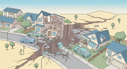 Bird’s-eye view of a massive earthquake fault line tearing through a suburban neighborhood, houses split in half, cars trapped in debris