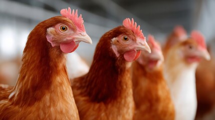 Fototapeta premium A close-up image of brown hens in a farm setting. These chickens are healthy and lively. They represent sustainable agriculture and organic farming. 