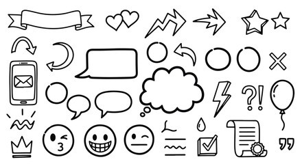 Handdrawn thought and speech bubbles isolated on white background doodle style icon set