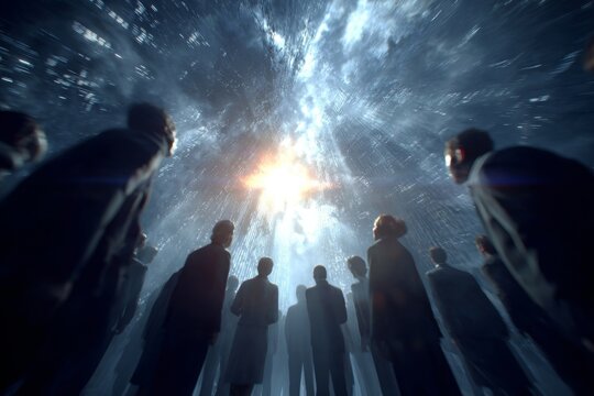 Futuristic worship: a digital cathedral rises in a bustling city. Urban cathedral. Encountering god through scripture: navigating literal and figurative. Meditative lakeside. Digital cathedrals.