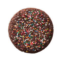 Round chocolate cookie, densely studded with colorful sprinkles