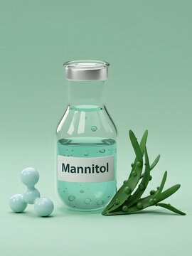 Mannitol: A bottle of mannitol solution with a green plant symbolizing its medical uses.