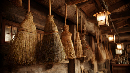 A collection of brooms hanging from the ceiling, great for interior or Halloween decoration