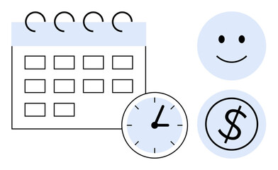 Calendar with spiral binding, clock, smiling face, and dollar coin visually portray time tracking, productivity, financial planning. Ideal for organization, scheduling, goal setting budgeting