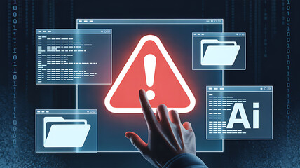 Hand touching red warning sign surrounded by code and folder icons on screen