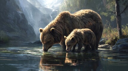 A mother bear and her cub drinking from a serene lake in a lush forest setting.