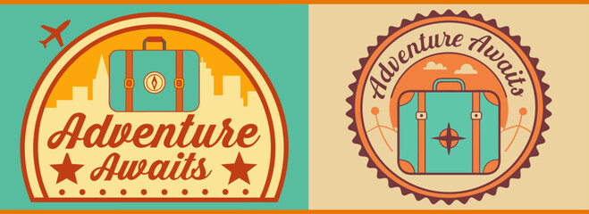 Adventure Awaits travel-themed badges featuring suitcase, plane and scenic backgrounds for tourism, exploration, journey, and getaway concepts