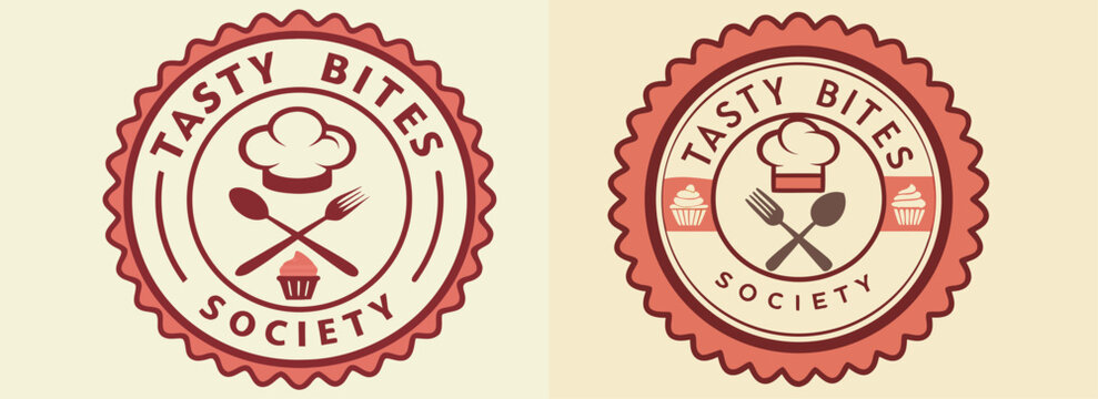 Tasty Bites Society emblem showcasing chef hat, cutlery and cupcake icons for food lovers, culinary groups and delicious branding visuals