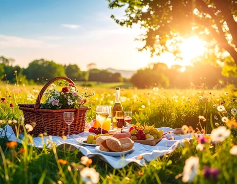 Picnic in a flower field at sunset