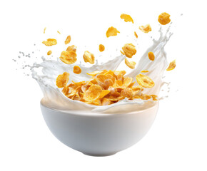 Cereal bowl with milk splash.  Golden cereal flakes are immersed in a milk splash.  High angle view