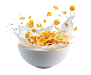 Cereal bowl with milk splash.  Golden cereal flakes are immersed in a milk splash.  High angle view