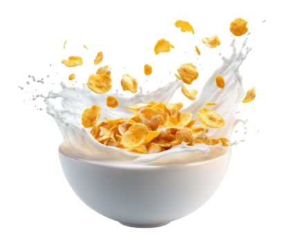Cereal bowl with milk splash.  Golden cereal flakes are immersed in a milk splash.  High angle view