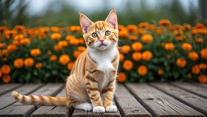 Adorable ginger kitten sits amongst vibrant orange marigolds.