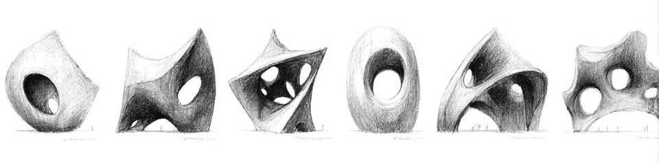 Conceptual Architectural Sketches of Organic Forms Modern Art and Design Exploration Creative Vision Pencil Rendered Sculptures for Inspiration