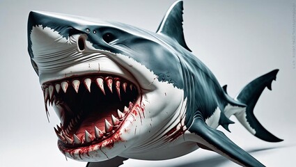 Great white shark with mouth wide open and sharp bloody teeth, isolated on a white background.