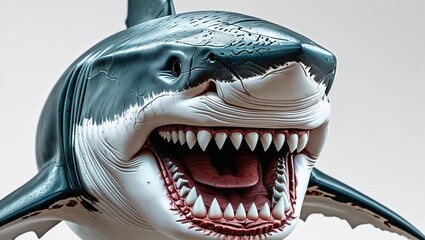 Great white shark with mouth wide open and sharp bloody teeth, isolated on a white background.