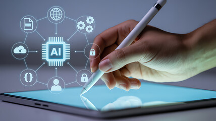 Hand using stylus on tablet with ai chip and connected icons overlayed graphic