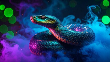 Fototapeta premium The serpent glides in mist, body lit with vibrant gradients.