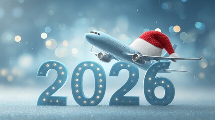 airplane soaring over glowing 2026 numbers and a festive globe in a Santa hat, new year for travel