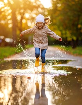 Child jumping in puddle on autumn day