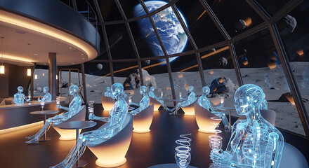 Futuristic space bar on the moon with a stunning view of earth, featuring robotic patrons enjoying drinks in a stylish and technologically advanced setting