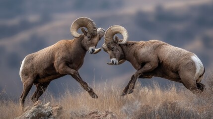 Naklejka premium Two majestic male bighorn sheep engage in a spirited display on rocky terrain.