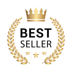 Best seller icon. Golden badge for best selling award 2025 with laurel wreath, crown and stars. Transparent PNG and vector illustration.	