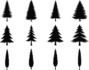 Fototapeta premium A collection of twelve different tree silhouettes, showcasing various shapes and sizes against a white background.