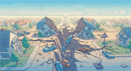 Bird’s-eye view of a massive earthquake fault line tearing through a suburban neighborhood, houses split in half, cars trapped in debris