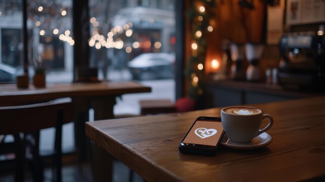 A cozy coffee shop scene with a phone showing a heartwarming message with glowing accents