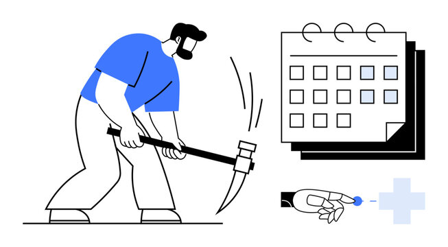 Person swinging pickaxe beside calendar, robotic hand interactively tapping, symbolizing human labor, time management, and technology integration. Ideal for teamwork, scheduling, AI, innovation